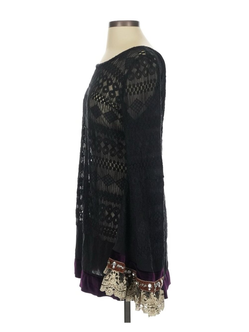 RARE Free People Black Lace Velvet Bell Sleeve Mini Dress Tunic| Whimsigoth Boho - Picture 6 of 16